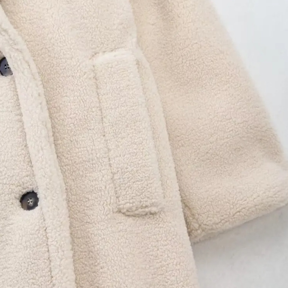 Teddy Long Coat in Cream - Women's Double-Breasted Teddy Jacket - Picture 9 of 12